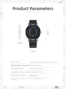 Detailed size specifications of the minimalist black Geneva mesh band men's quartz watch