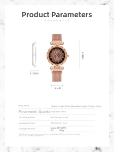 Technical specs showing 33mm floral dial and magnetic mesh strap of the women watch