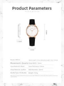 Details zur Damen-Uhr mit 32mm Roségold-Gehäuse und schwarzem Lederarmband im Fokus