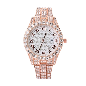 Womens Luxury Quartz Watch Full Rhinestone Alloy Strap Roman Numerals Calendar Function Fashion Elegant Jewelry Wristwatch