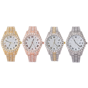Women's full diamond quartz watches with Roman numerals and date display in four metal tones