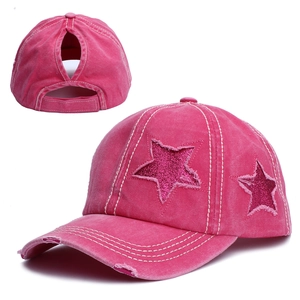 Women Ponytail Baseball Cap Distressed Washed Cotton Star Sequin Patch Vintage Ripped Adjustable Sun Hat