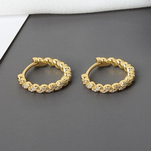 925 sterling silver twist hoop earrings with clear zircon stones in 18K gold finish