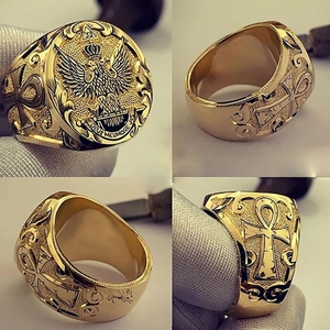 Men's vintage golden eagle signet ring with Masonic double-headed eagle and crown engraving