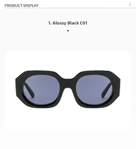 Detail view of glossy black geometric sunglasses with thick temples and C01 color code
