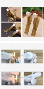 Macro detail of natural baroque pearl earrings with elegant golden metal fringe tassels