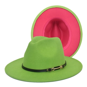 Green and pink bicolor fedora hat with black leather belt and gold buckle detailing