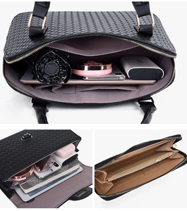 Detail view of woven black leather handbag set with internal storage for daily essentials