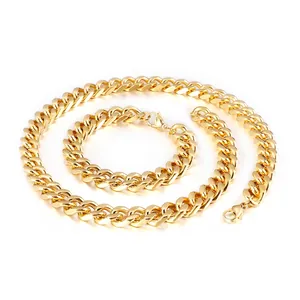 Men Cuban Link Necklace And Bracelet Stainless Steel Hip Hop Punk Style Polished Gold Black Lobster Clasp Jewelry