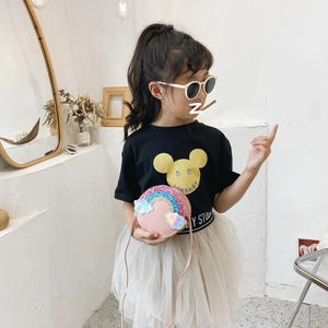 Pink glitter rainbow round shoulder bag with pearlized cloud charms for little girls