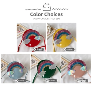 Detail view of round children's rainbow sequin purse in five vibrant color options