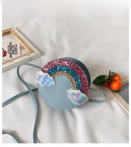 Detail of glitter rainbow sequins and iridescent cloud patches on a blue kid's round bag