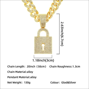 Iced out gold lock pendant necklace with thick cuban chain for hip hop style jewelry