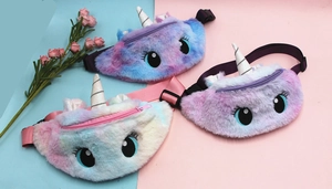 Detailed view of plush unicorn waist bags in vibrant gradient colors with adjustable straps
