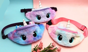 Detailed view of three tie-dye plush unicorn waist bags for girls with cute 3D features