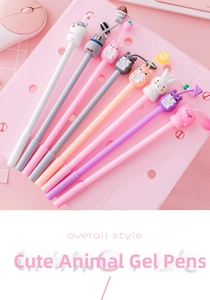 Detail of assorted cute cartoon pens with animal characters on pink pegboard background