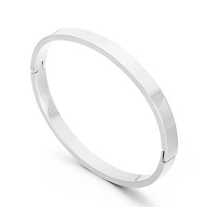 Bracelet jonc en acier inoxydable argenté poli avec fermoir à charnière sur fond blanc
