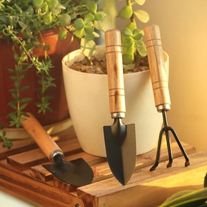 Nahaufnahme von Gartenwerkzeugen mit Holzgriffen und schwarzen Köpfen auf Holzbasis