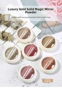 Macro detail of 6-color solid mirror nail powder palette with metallic chrome finish swatches