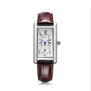 Women's quartz watch with silver rectangular case, Roman numerals and brown leather strap