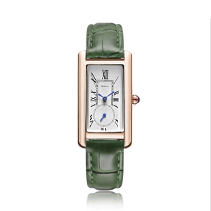Women's square rose gold watch with green leather strap and Roman numeral dial