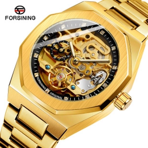 Macro shot of gold octagonal skeleton mechanical watch showing inner movement gears