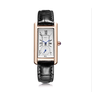 Elegant women's rectangular rose gold quartz watch with black leather strap and Roman numerals