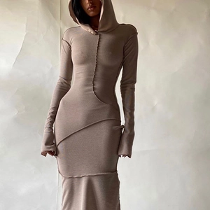 Slim fit brown hooded long sleeve maxi dress with contrast stitching and bodycon silhouette