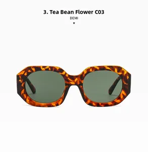 Detail of demi tortoise geometric sunglasses with wide legs and thick angular frames