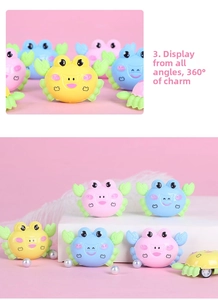 360-degree view of cute cartoon crab glowing toys in pink, blue and yellow colors