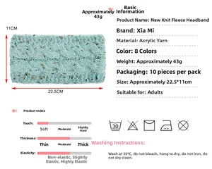 Detail showing mint green knitted headband dimensions 22.5x11cm with plush fleece lining