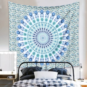 Bohemian mandala wall tapestry in blue and white for minimalist bedroom decoration