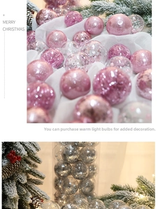 Detail of Christmas tree ornaments with pink and silver glitter-filled transparent balls