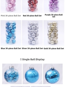 Detailed view of 30-piece Christmas ornament set with glitter and pearlescent finishes