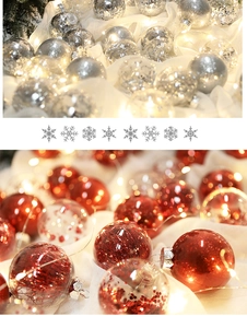 Detail of Christmas tree ornaments featuring sparkling silver and red glitter filled baubles