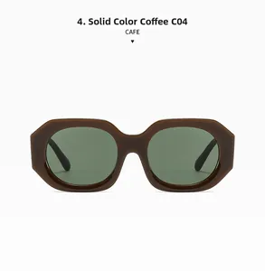 Detailed view of wide-leg solid coffee resin sunglasses with dark green lenses