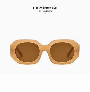 Close-up of geometric jelly brown sunglasses frame with integrated nose pads