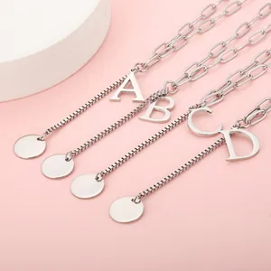 Stainless Steel Initial Letter Necklace Alphabet Pendant Mixed Paperclip Link Chain Round Disc Minimalist Jewelry