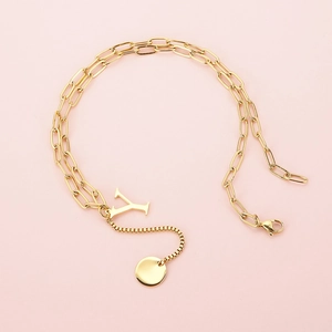 Gold stainless steel paperclip chain necklace with letter Y pendant and round charm