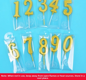 Flat lay of gold numeric birthday candles 0-9 with plastic packaging and cake inserts