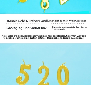 Detailed view of gold number candles for cakes showing material dimensions and PVC packaging