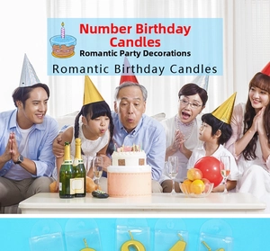 Detailed view of gold number birthday candles with family celebration scene and packaging