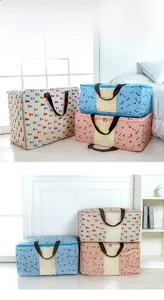 Three patterns of 600D Oxford fabric quilt storage bags shown in bedroom scenarios