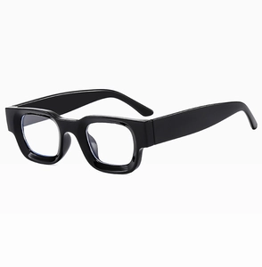 Detail view of bold square frame sunglasses with thick temples and glossy finish