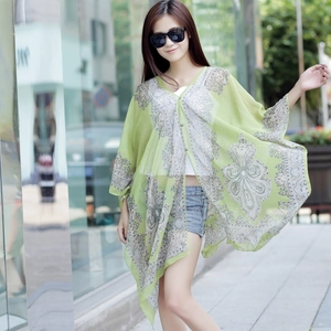 Light green chiffon sun protection shawl with bohemian mandala print and button closure