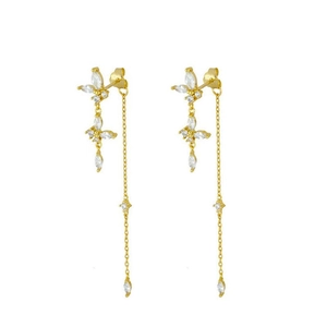 Boucles d'oreilles papillon dorées avec zircons marquise blancs et longues chaînes