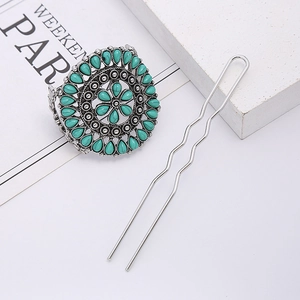Vintage turquoise flower hair cuff with silver U-shaped metal pin in bohemian style