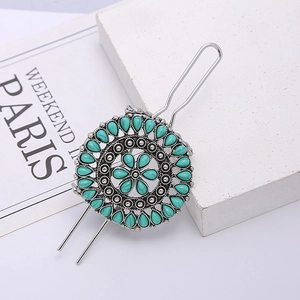 Vintage bohemian flower hair pin with silver metal and blue turquoise stones