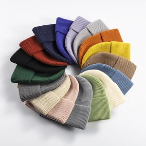 Winter knit beanies in various colors featuring warm ribbed texture and thick cuffed design