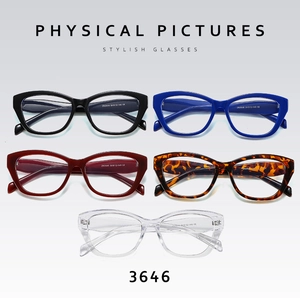 Detailed matrix view of cat eye frames in five colors with size ZN3646 specifications